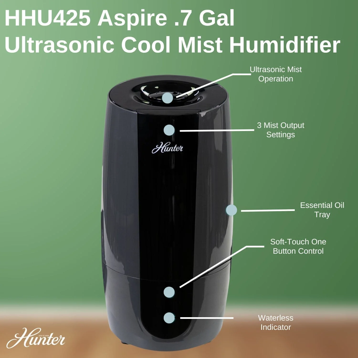 HHU425 Hunter Aspire 0.7 Gal Ultrasonic Cool Mist Humidifier 10 HHU425 Hunter Aspire 0.7 Gal Ultrasonic Cool Mist Humidifier
